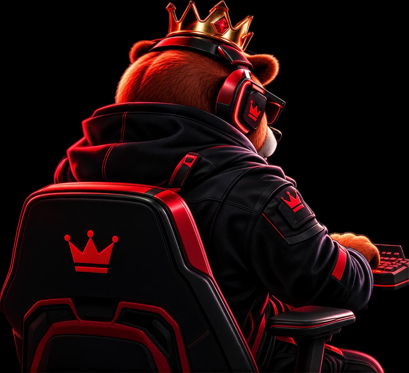 The 4King bear at a three-screen design desk, building a brand